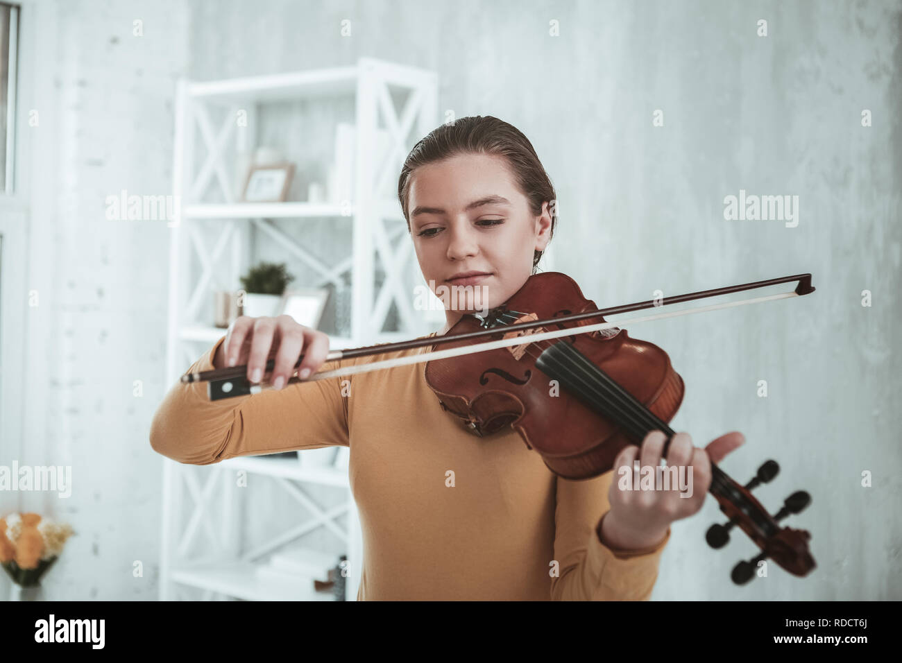 Nice good looking girl holding a violin bow Stock Photo