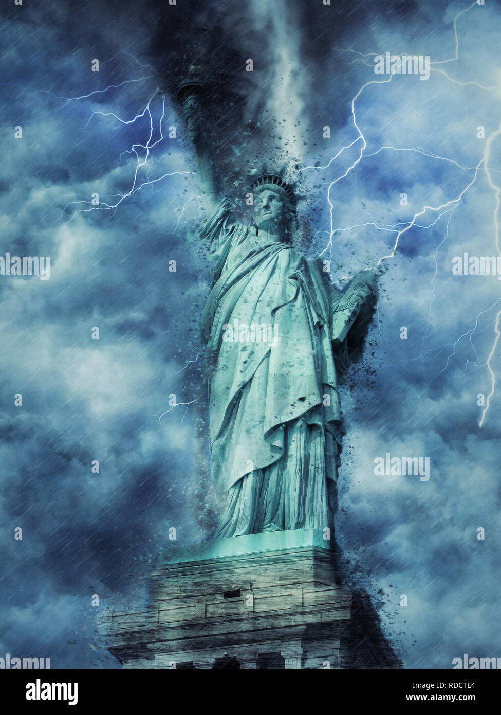 statue of liberty during the heavy storm, rain and lighting in New York