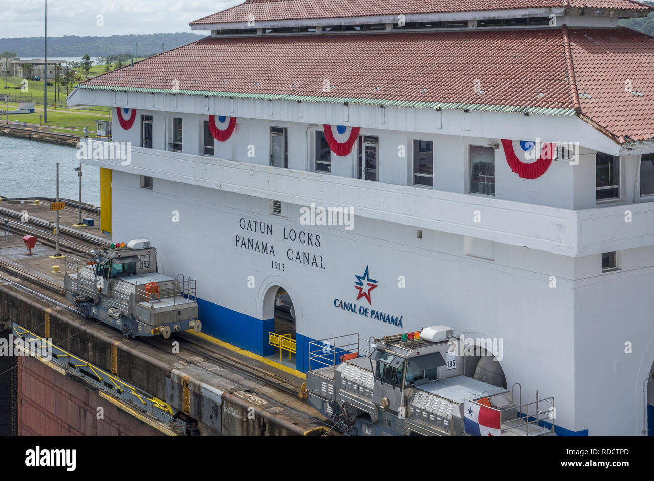 Panama, Panama canal,Gatun locks main building, with mules Stock Photo