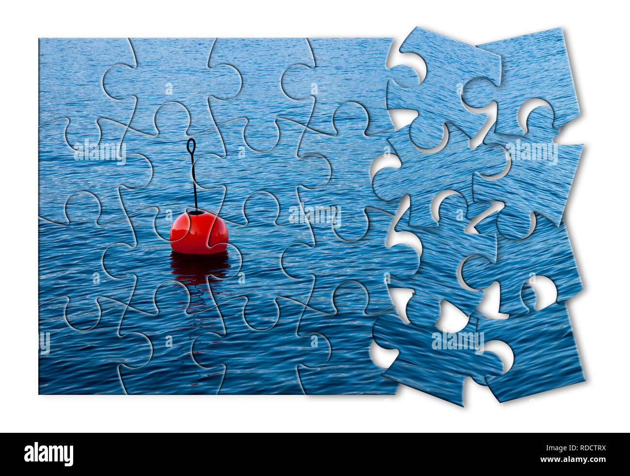 Build your security step by step - Concept image, with red bouy on a calm lake, in jigsaw puzzle shape Stock Photo