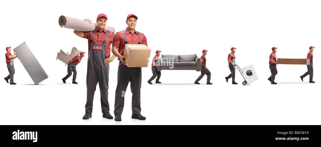 Guys from a moving company carrying home appliences and furniture isolated on white background Stock Photo