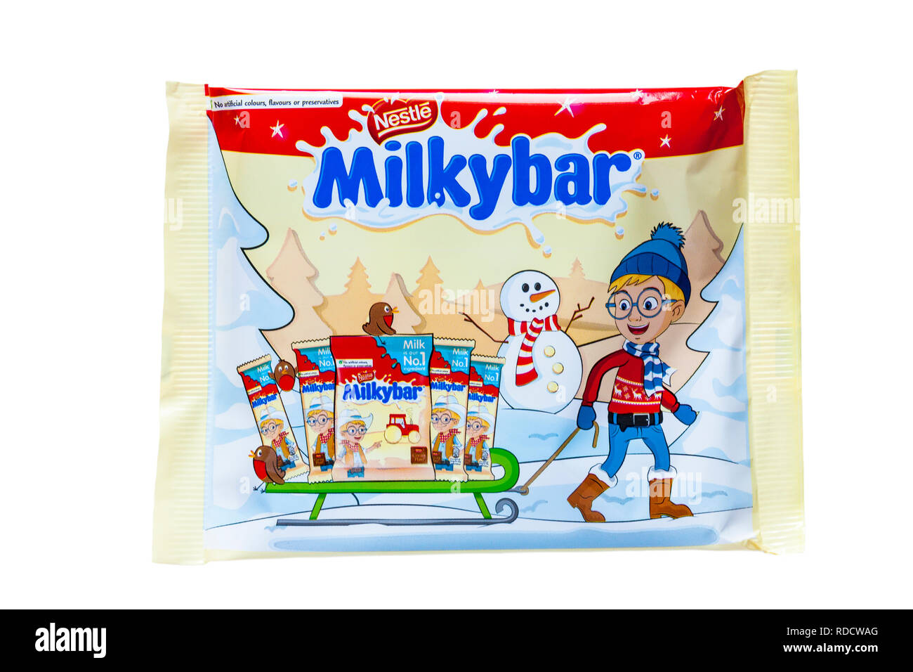 Nestle Milkybar selection pack containing milkybar small bars and  milkybar pieces mini bag chocolate set on white background - ready for Christmas Stock Photo
