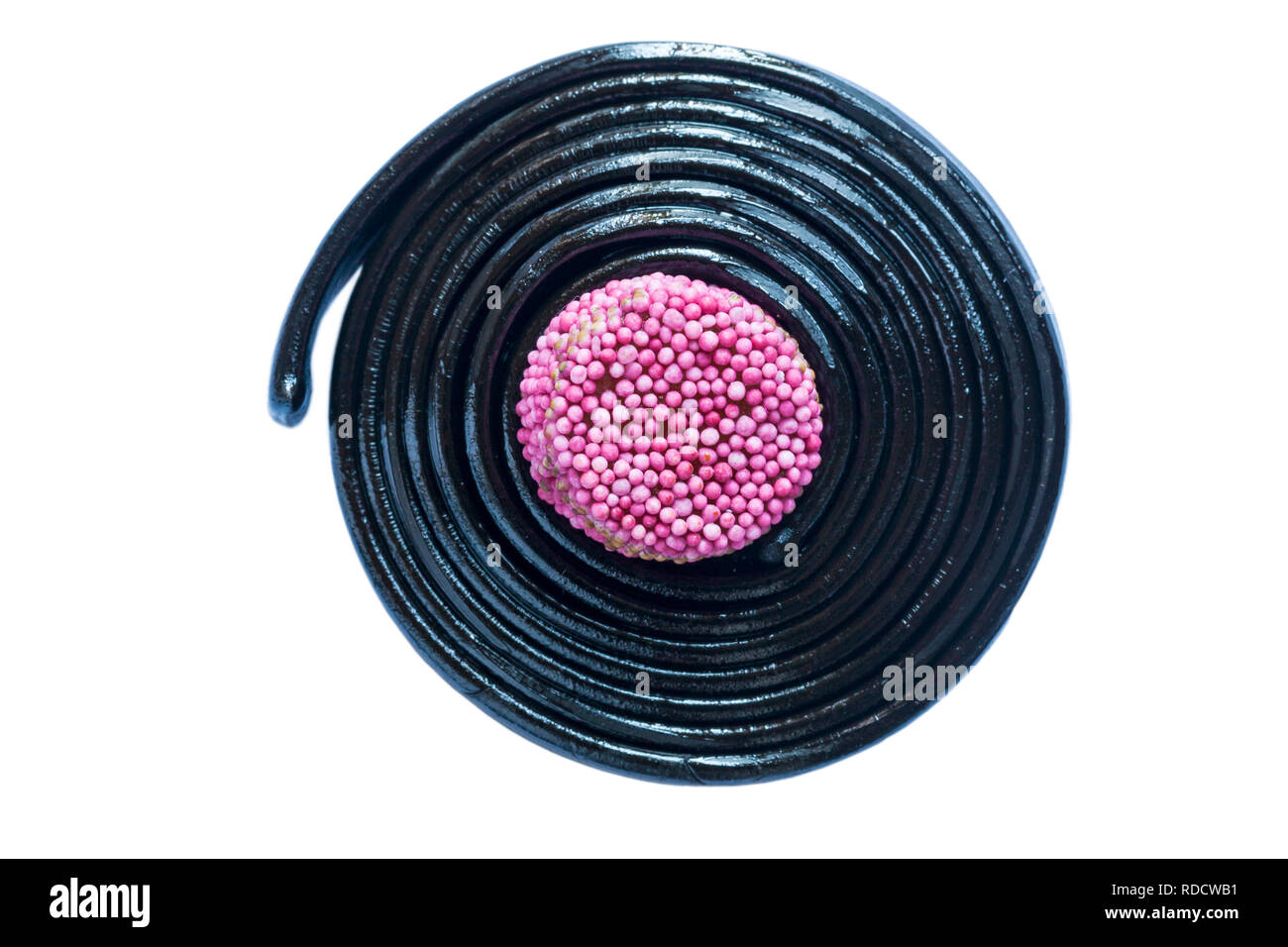 Liquorice Catherine wheel from box of All your favourite Liquorice Novelties by Barratt isolated