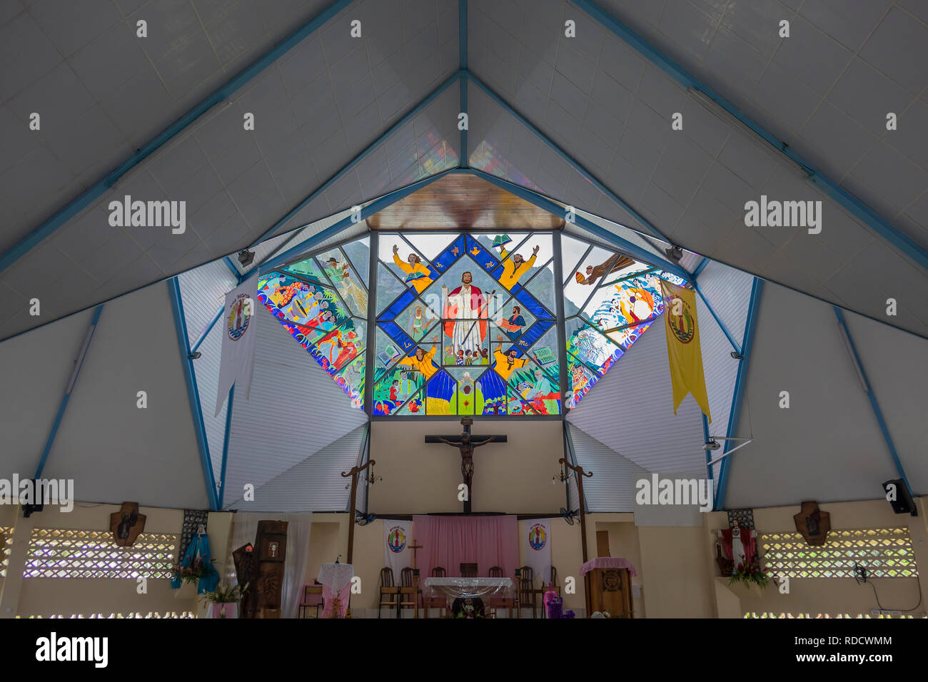 French Polynesia, Bora Bora, Vaitape, StPierre Celestin church, interior Stock Photo