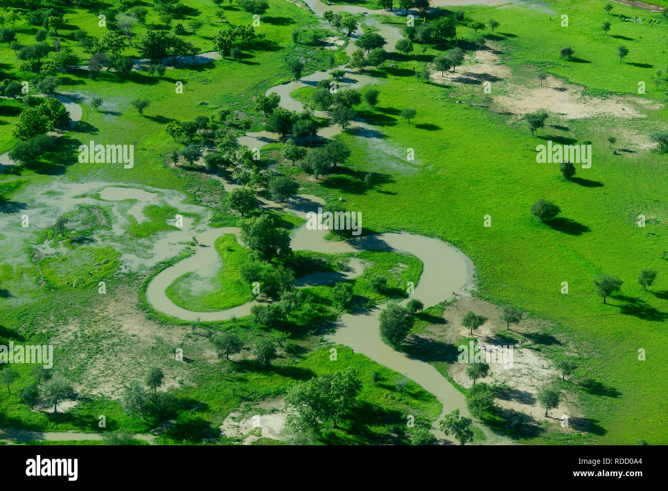 CHAD, Guéra,  aerial view  of river and pasture during raining season / TSCHAD , Luftaufnahme waehrend der Regenzeit, gruene Weiden Stock Photo