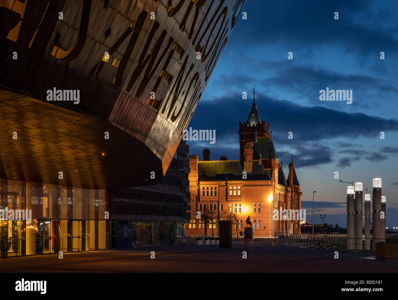 Wales Millennium Centre and The Pierhead building at dawn from Roald Dahl Plass, Cardiff Bay, Wales Stock Photo