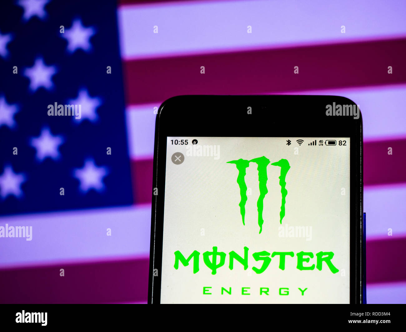 Monster Beverage company logo seen displayed on smart phone Stock Photo