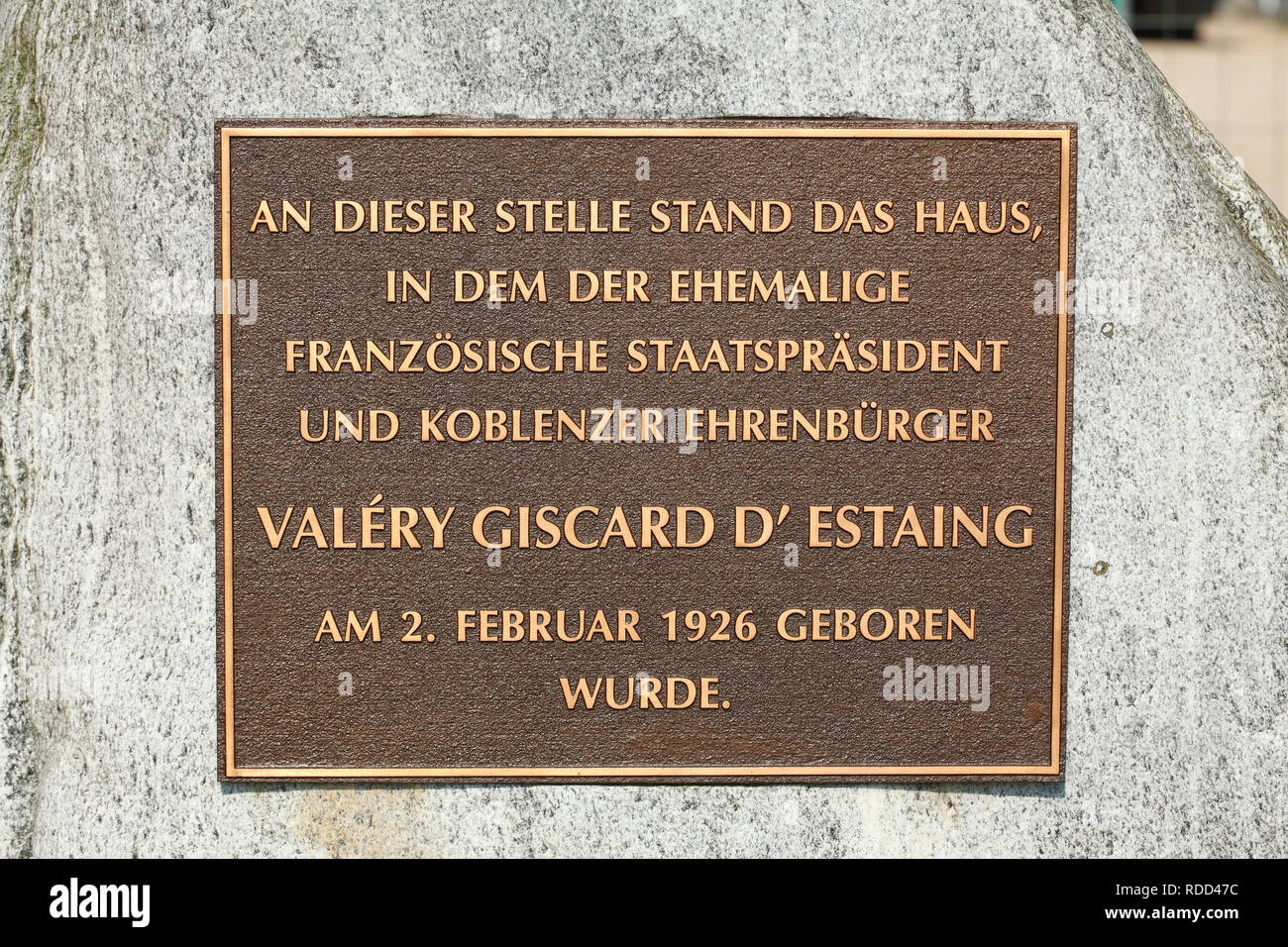 Gedenkstein Geburtshaus Valéry Giscard d’Estaing , Koblenz, Rheinland-Pfalz, Deutschland, Europa Stock Photo