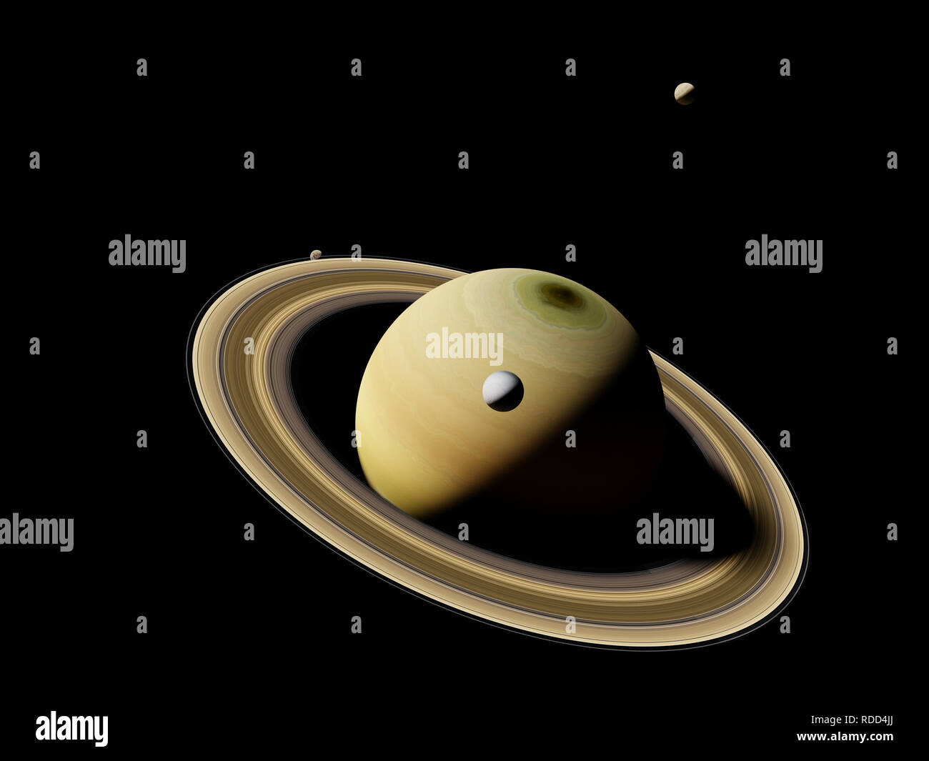 the planet Saturn with moon Enceladus and other moons (3d render, elements of this image are furnished by NASA) Stock Photo