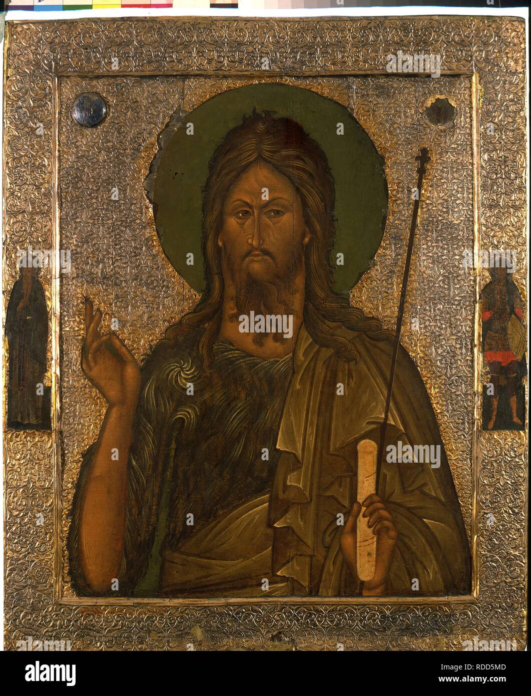 Saint John the Forerunner with Saint John Climacus and Saint Theodore Stratelates. Museum: State Open-air Museum of History, Architecture and Art, Pskov. Author: Russian icon. Stock Photo