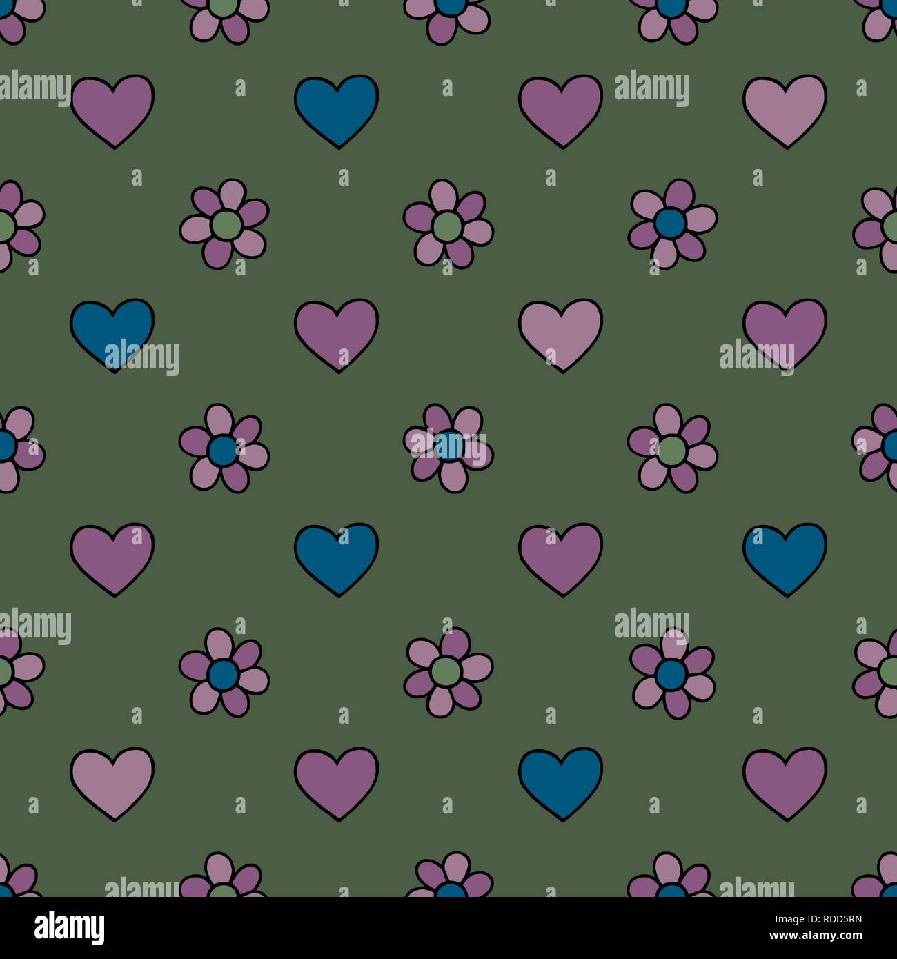 Hearts and flowers hand drawn vector seamless pattern. Spring drawing ...