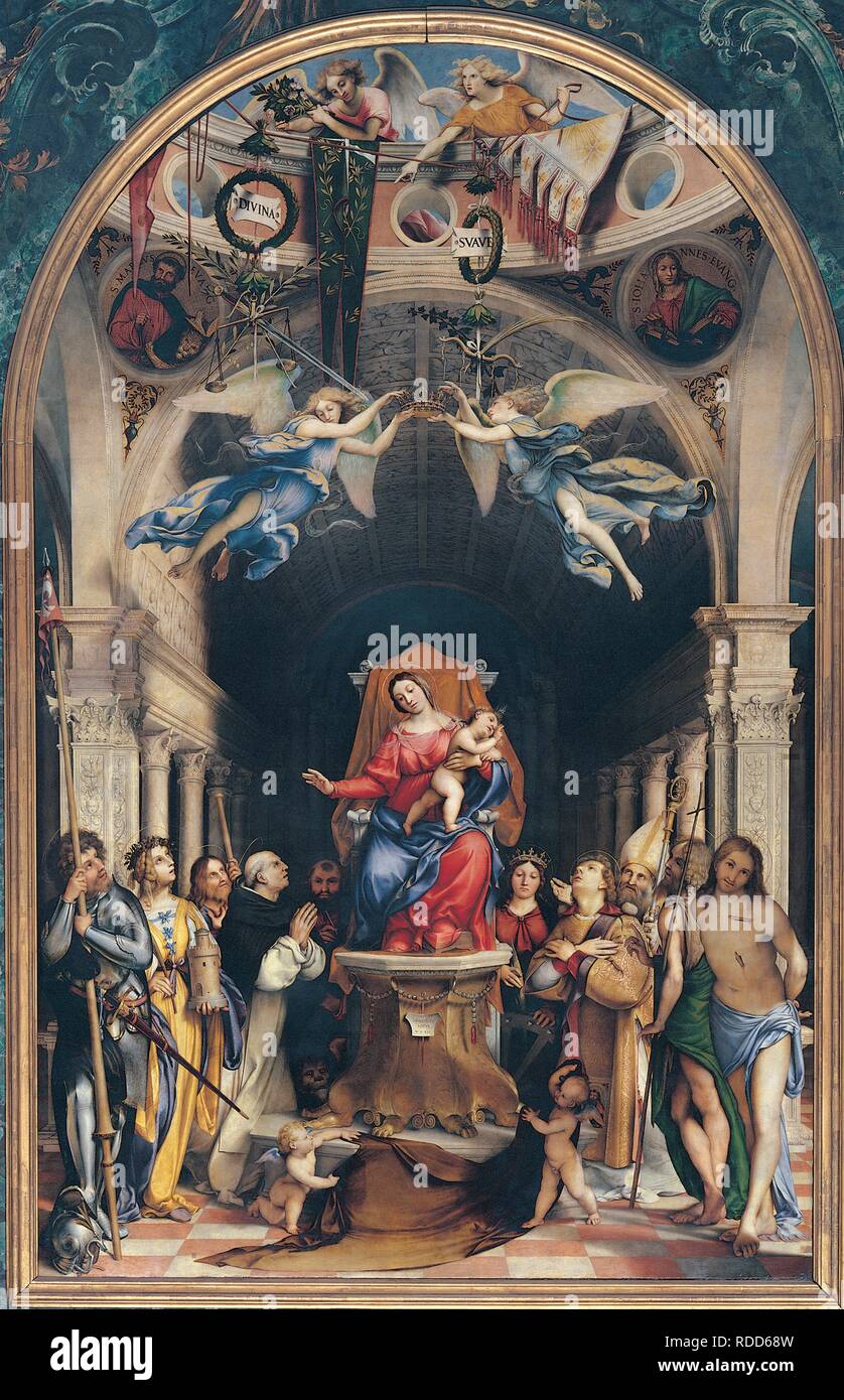 Virgin and Child Enthroned with Saints. Museum: Chiesa dei Santi Bartolomeo e Stefano, Bergamo. Author: LOTTO, LORENZO. Stock Photo