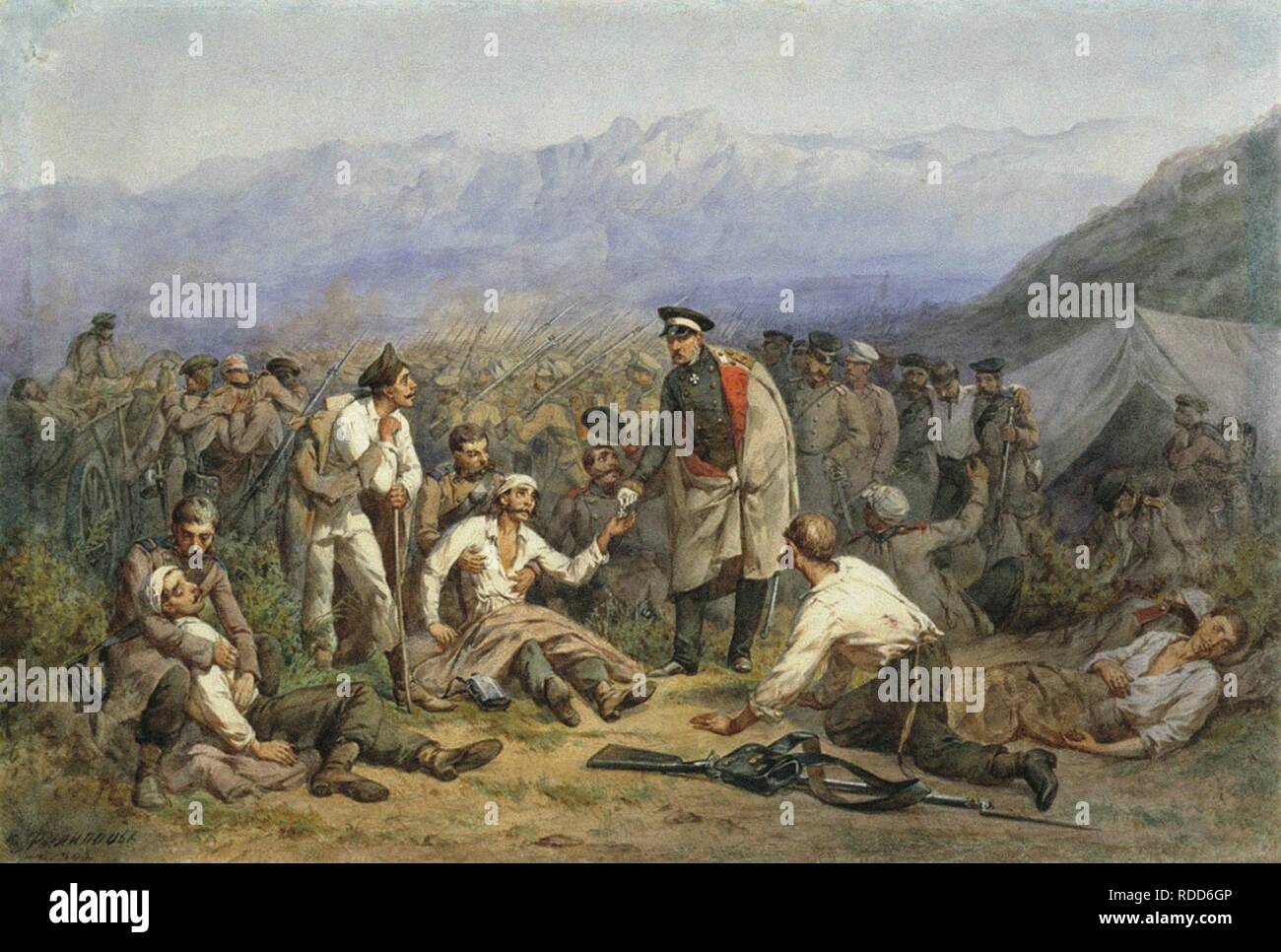 After the battle. Scene from the Crimean war. Museum: Regional Art Museum, Kaluga. Author: Filippov, Konstantin Nikolayevich. Stock Photo