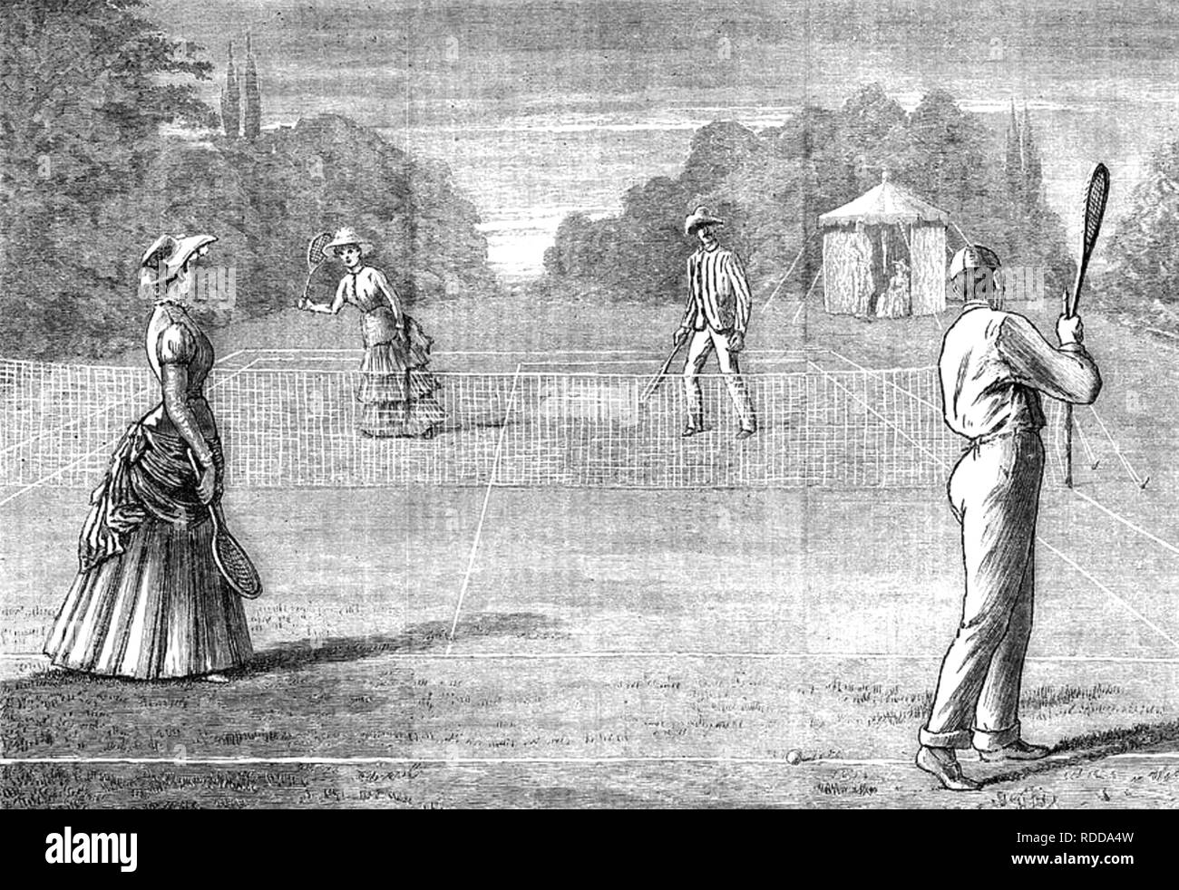 MIXED DOUBLES TENNIS MATCH about 1880 Stock Photo