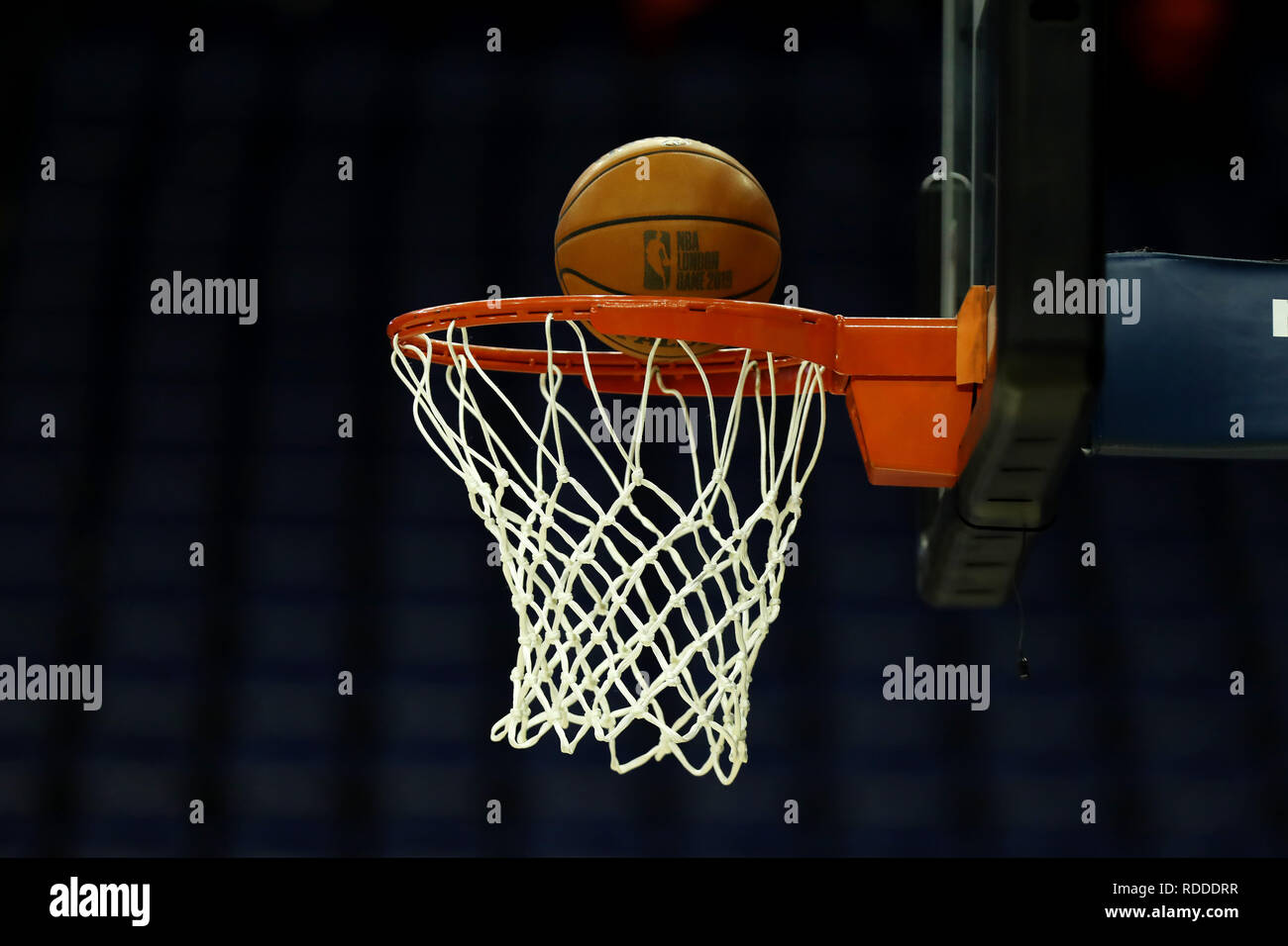 London, UK. London, UK. 17th January 2019, The O2 Arena, London, England; NBA London Game, Washington Wizards versus New York Knicks; An NBA match ball goes into the hoop during warm-up Credit: Action Plus Sports Images/Alamy Live News Credit: Action Plus Sports Images/Alamy Live News Stock Photo