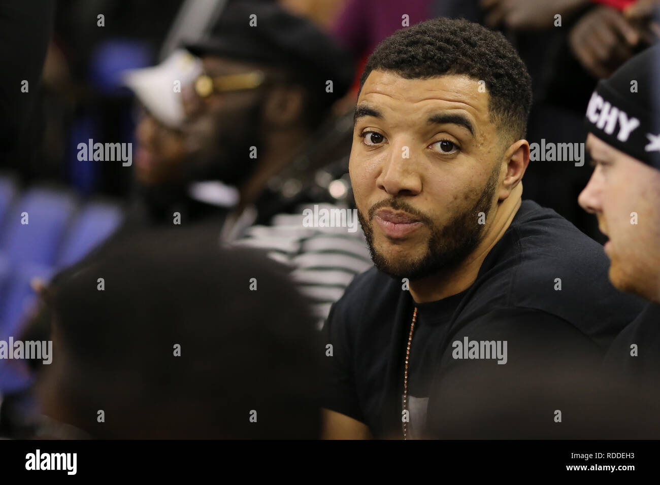 London, UK. 17th January 2019, The O2 Arena, London, England; NBA London Game, Washington Wizards versus New York Knicks; Troy Deeney of Watford is court side Credit: Action Plus Sports Images/Alamy Live News Stock Photo