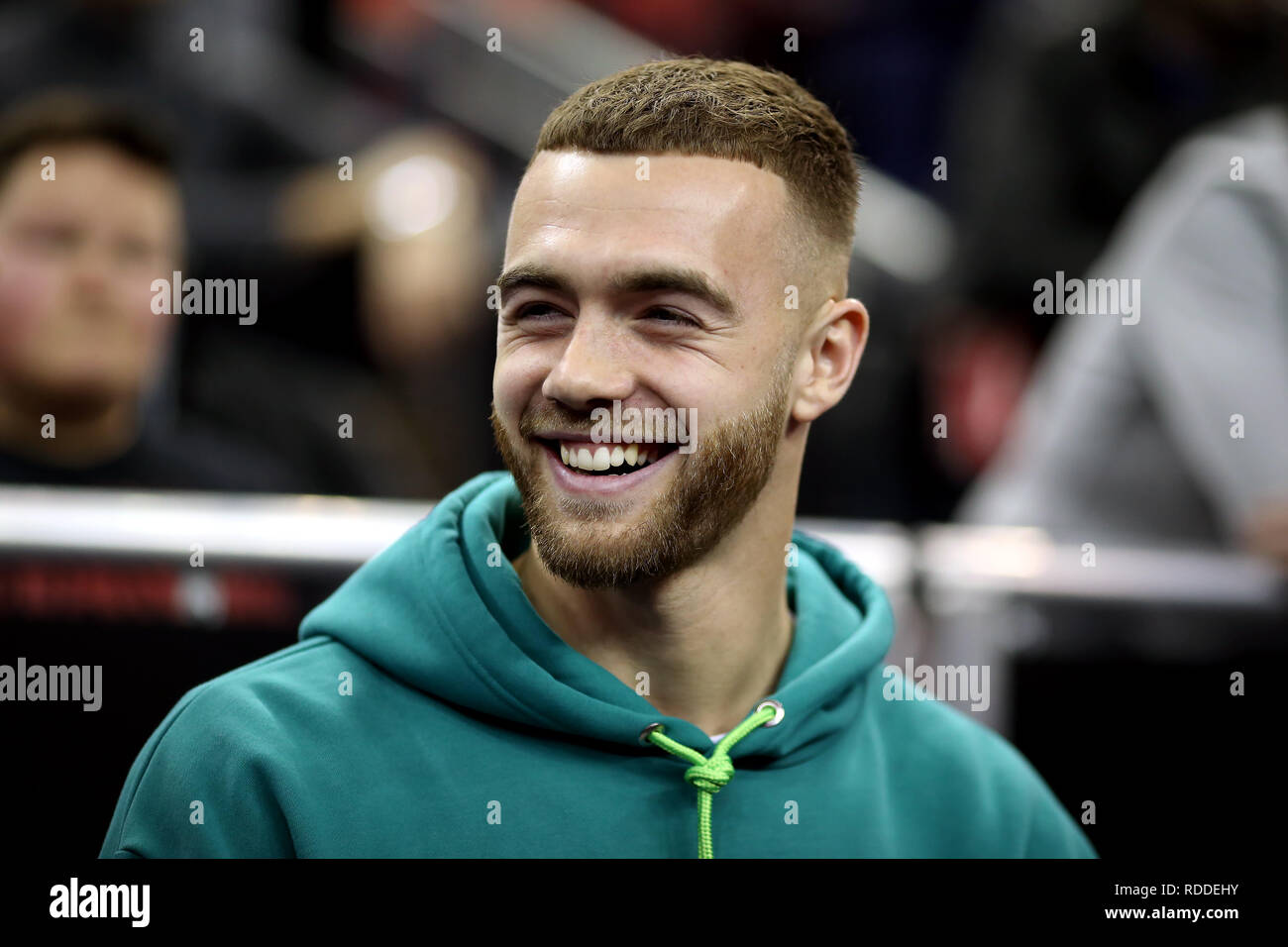 London, UK. 17th January 2019, The O2 Arena, London, England; NBA London Game, Washington Wizards versus New York Knicks; Calum Chambers of Fulham watches the game Credit: Action Plus Sports Images/Alamy Live News Stock Photo