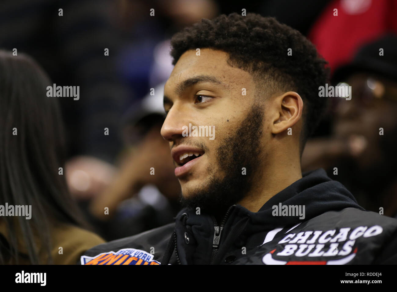 London, UK. 17th January 2019, The O2 Arena, London, England; NBA London Game, Washington Wizards versus New York Knicks; Joe Gomez of Liverpool takes his seat court side Credit: Action Plus Sports Images/Alamy Live News Stock Photo
