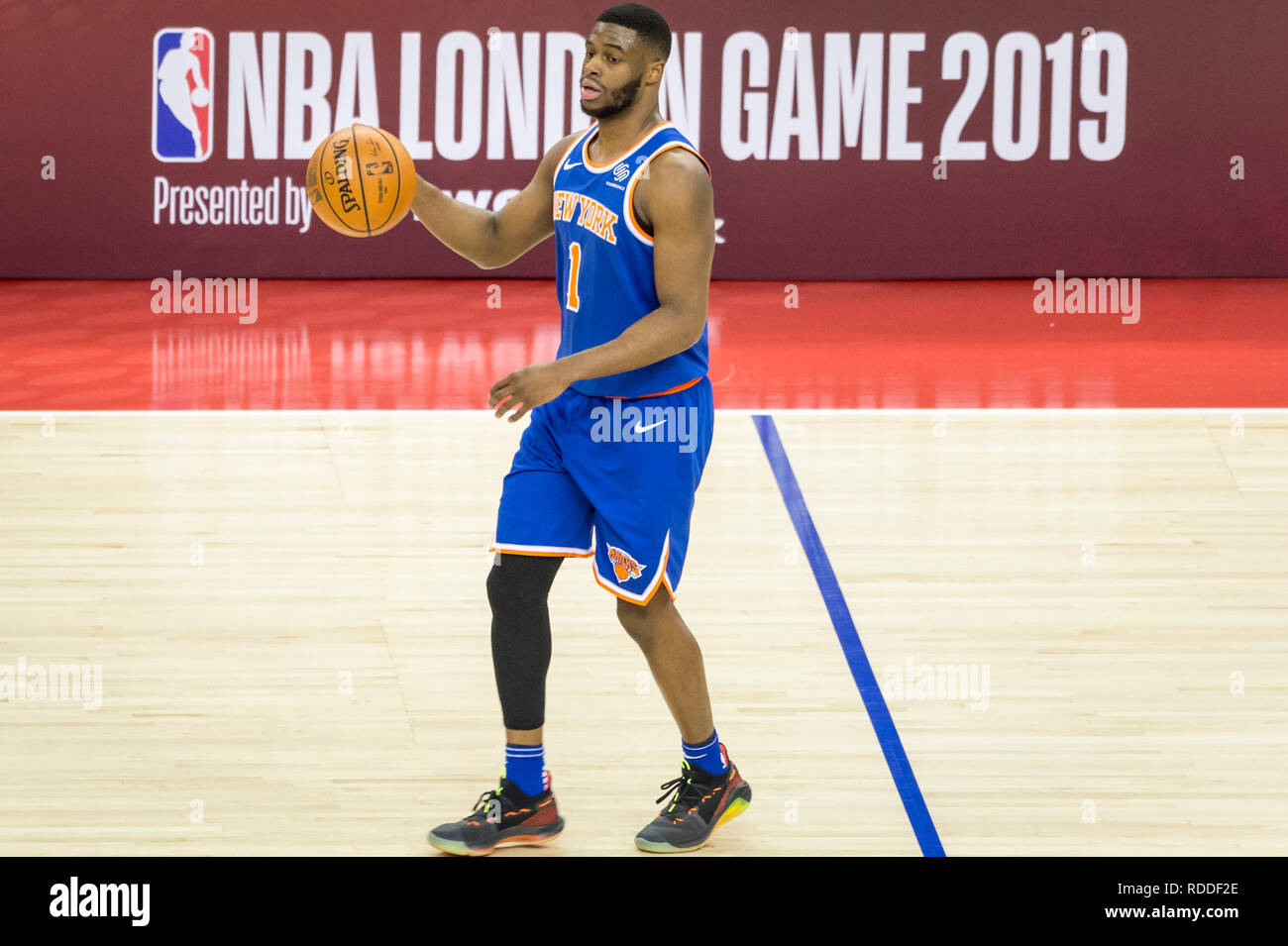 Londo , UK.  17 January 2019. Emmanuel Mudiay, Knicks' Guard, No.1, with the ball during an NBA basketball game, NBA London 2019, between Washington Wizards and New York Knicks at the O2 Arena.  Final score: Wizards 101 Knicks 100.  Credit: Stephen Chung / Alamy Live News Stock Photo