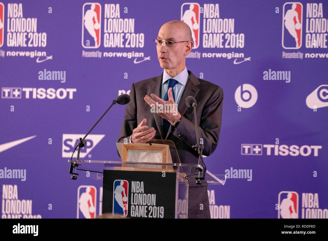 London, UK. 17th Jan 2019. NBA Commissioner Adam Silver Gives a press conference before the  London Game 2019 Washington Wizards vs. New York Knicks at the O2 Arena, Uk, Credit: Jason Richardson/Alamy Live News Stock Photo