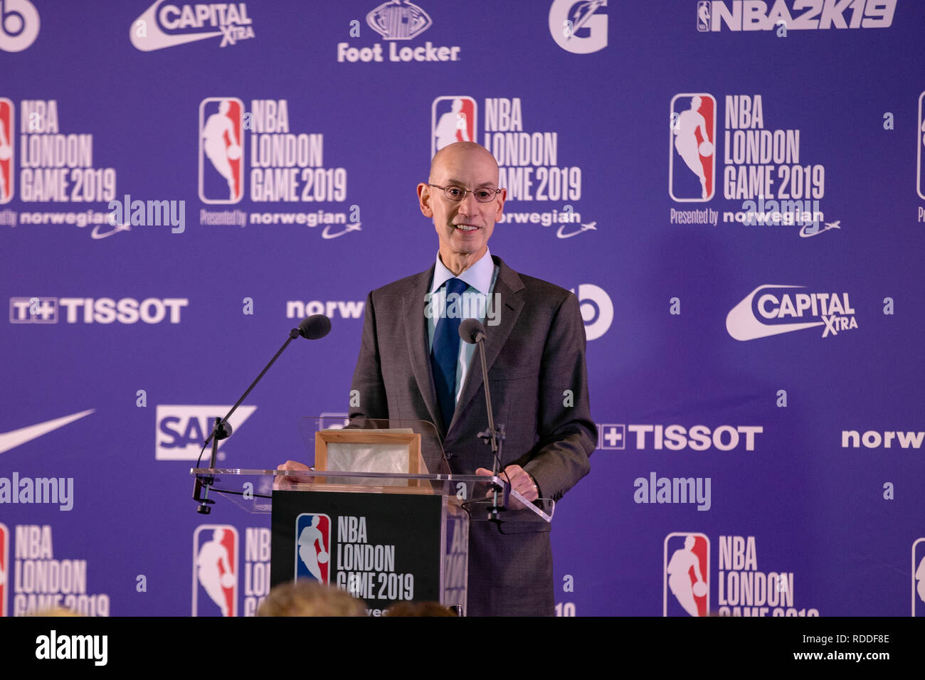 London, UK. 17th Jan 2019. NBA Commissioner Adam Silver Gives a press conference before the  London Game 2019 Washington Wizards vs. New York Knicks at the O2 Arena, Uk, Credit: Jason Richardson/Alamy Live News Stock Photo