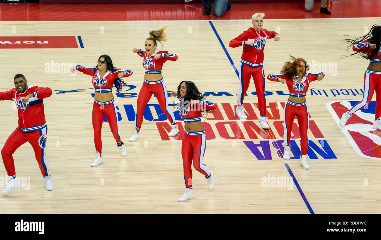 London, UK. 17 January 2019.  Wizards Dancers perform during an interval in an NBA basketball game, NBA London 2019, between Washington Wizards and New York Knicks at the O2 Arena.  Final score: Wizards 101 Knicks 100.  Credit: Stephen Chung / Alamy Live News Stock Photo