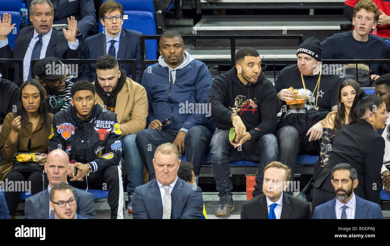 Londo , UK.  17 January 2019. Troy Deeney (C), Watford footballer, watches an NBA basketball game, NBA London 2019, between Washington Wizards and New York Knicks at the O2 Arena.  Final score: Wizards 101 Knicks 100.  Credit: Stephen Chung / Alamy Live News Stock Photo