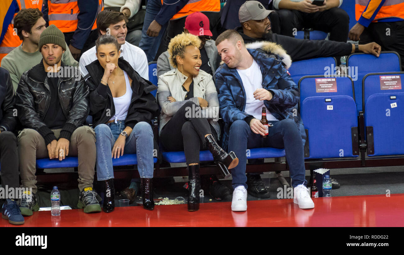 London, UK.  17 January 2019. Emily Sandé (front row 3L), singer, watches an NBA basketball game, NBA London 2019, between Washington Wizards and New York Knicks at the O2 Arena.  Final score: Wizards 101 Knicks 100.  Credit: Stephen Chung / Alamy Live News Stock Photo