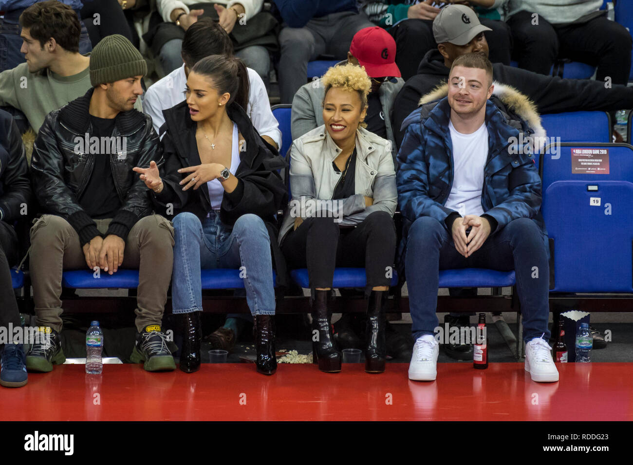 London, UK.  17 January 2019. Emily Sandé (front row 3L), singer, watches an NBA basketball game, NBA London 2019, between Washington Wizards and New York Knicks at the O2 Arena.  Final score: Wizards 101 Knicks 100.  Credit: Stephen Chung / Alamy Live News Stock Photo