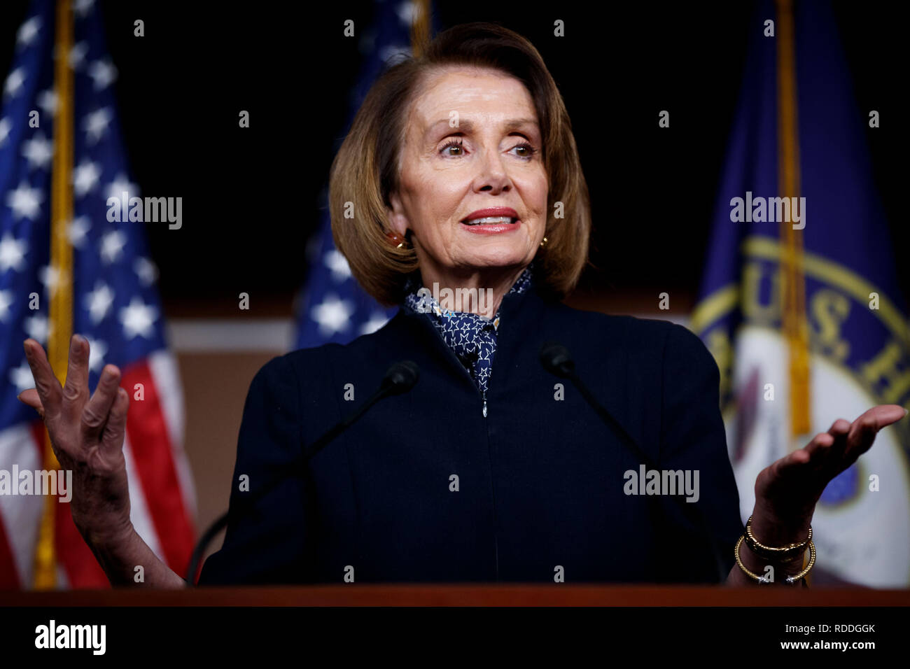 Washington D. C. 13th Dec, 2018. This file photo taken on Dec. 13, 2018 shows Nancy Pelosi speaking during a press conference on Capitol Hill in Washington, DC, the United States. U.S. President Donald Trump on Thursday told Speaker Nancy Pelosi that her planned foreign trip has been postponed, one day after the top House Democrat asked him to delay the State of the Union address due to the ongoing partial government shutdown. Credit: Ting Shen/Xinhua/Alamy Live News Stock Photo