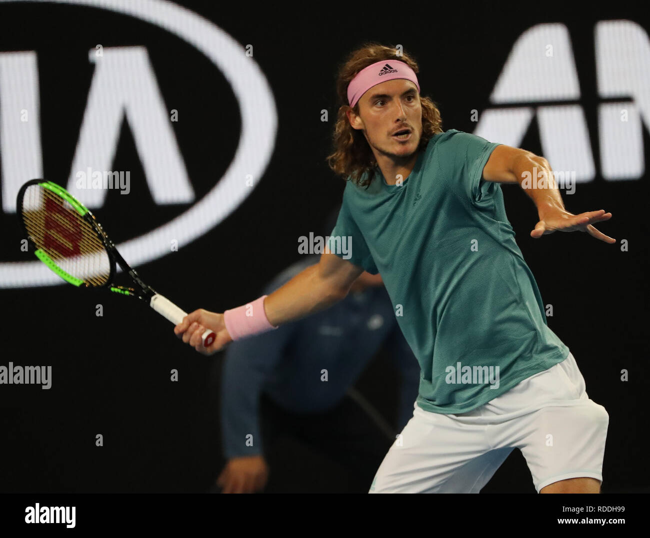 Melbourne Park, Melbourne, Australia. 18th Jan, 2019. Australian Open  Tennis, day 5; Stefanos Tsitsipas of Greece returns the ball during his  match with Nikoloz Basilashvili of Georgia Credit: Action Plus Sports/Alamy  Live