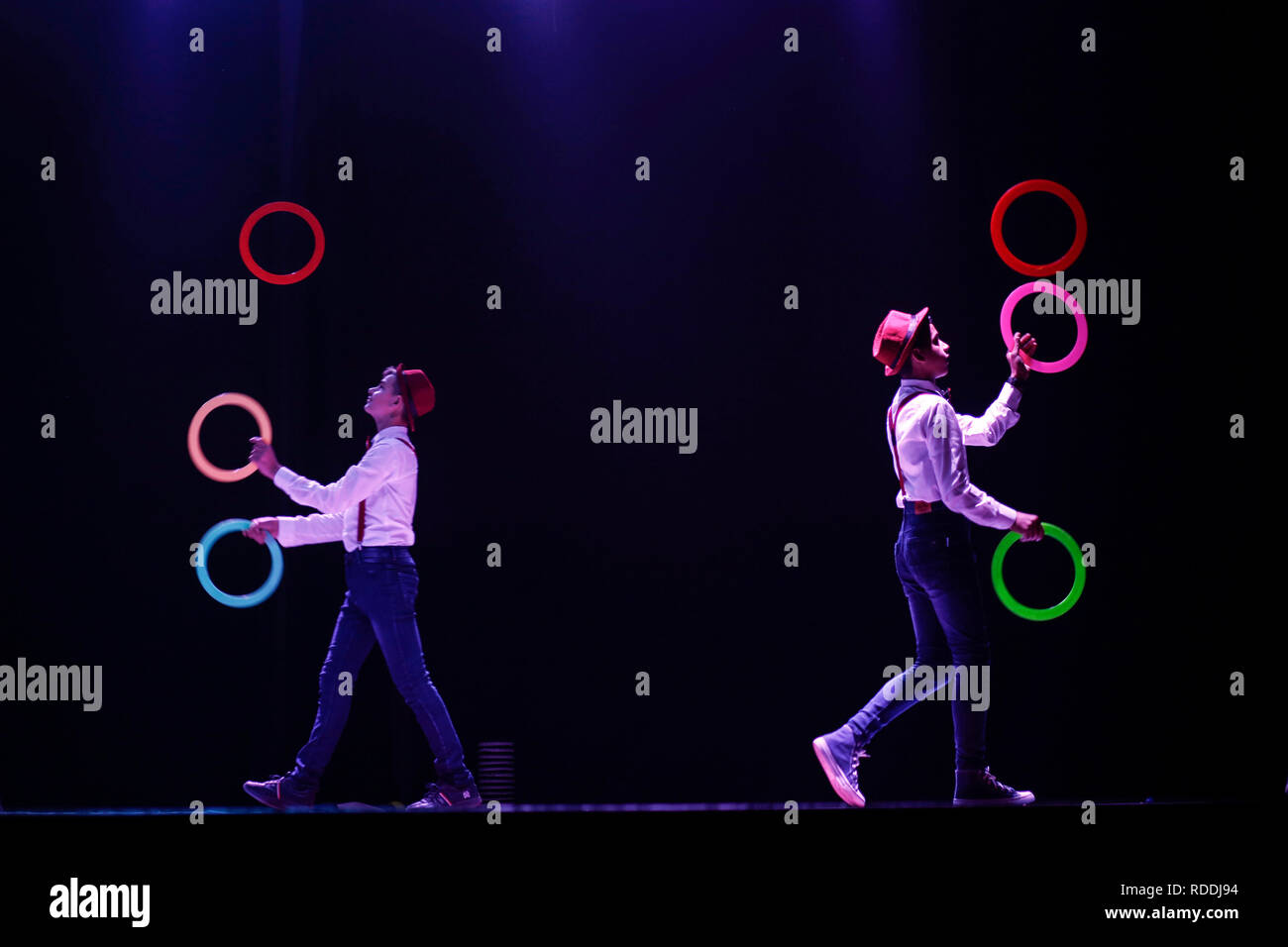 Students seen performing juggling rings at Rashad Shawa cultural center in part of a show
