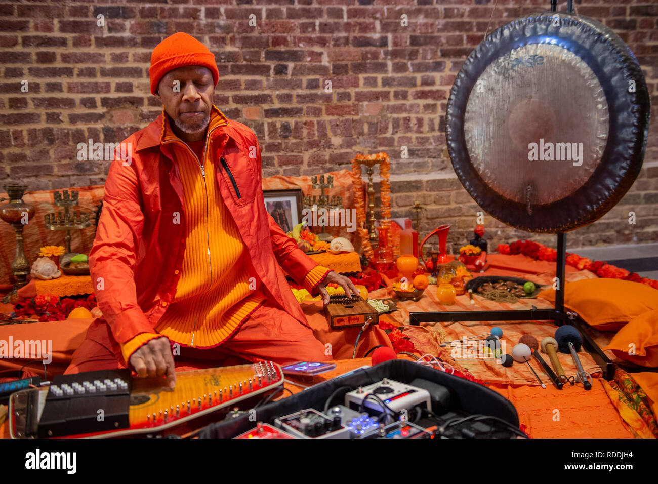 London, UK. 18th January, 2019. Transformation 2019 by Laraaji - Grace Wales Bonner: A Time for New Dreams at the Serpentine Sackler Gallery, made up of an assemblage of shrines. This is the first Serpentine exhibition created by a fashion designer in a new series of annual short duration projects which brings collective and interdisciplinary practice into the gallery spaces. Credit: Guy Bell/Alamy Live News Stock Photo