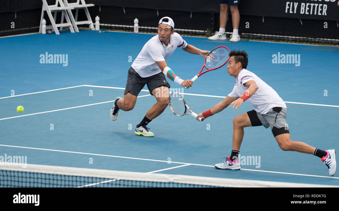 Melbouren, Australia. 18th Jan, Zhang Ze (L)/Gong Maoxin of China compete their men's doubles second round match against Pablo Carreno Busta and Guillermo Garcia-Lopez of Spain at the Australian Open