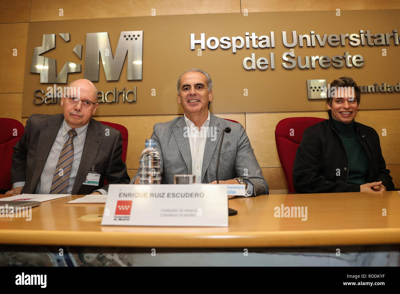 Madrid, Spain. 18th January, 2019. Carlos Sangregorio(l), Managing Director University Hospital of the Southeast, Enrique Ruiz Escudero(c), Health Minister of the Community of Madrid and Carlos Baute(r), Venezuelan singer and president of the NGO 'A medicine for Venezuela' attending the act. The Councilor for Health of the Community of Madrid, Enrique Ruiz Escudero, accompanied by the ambassador of the NGO 'A medicine for Venezuela', the Venezuelan singer Carlos Baute, and the director of the Association, Vanessa Pineda, assist in the donation of sanitary material performed by the University H Stock Photo