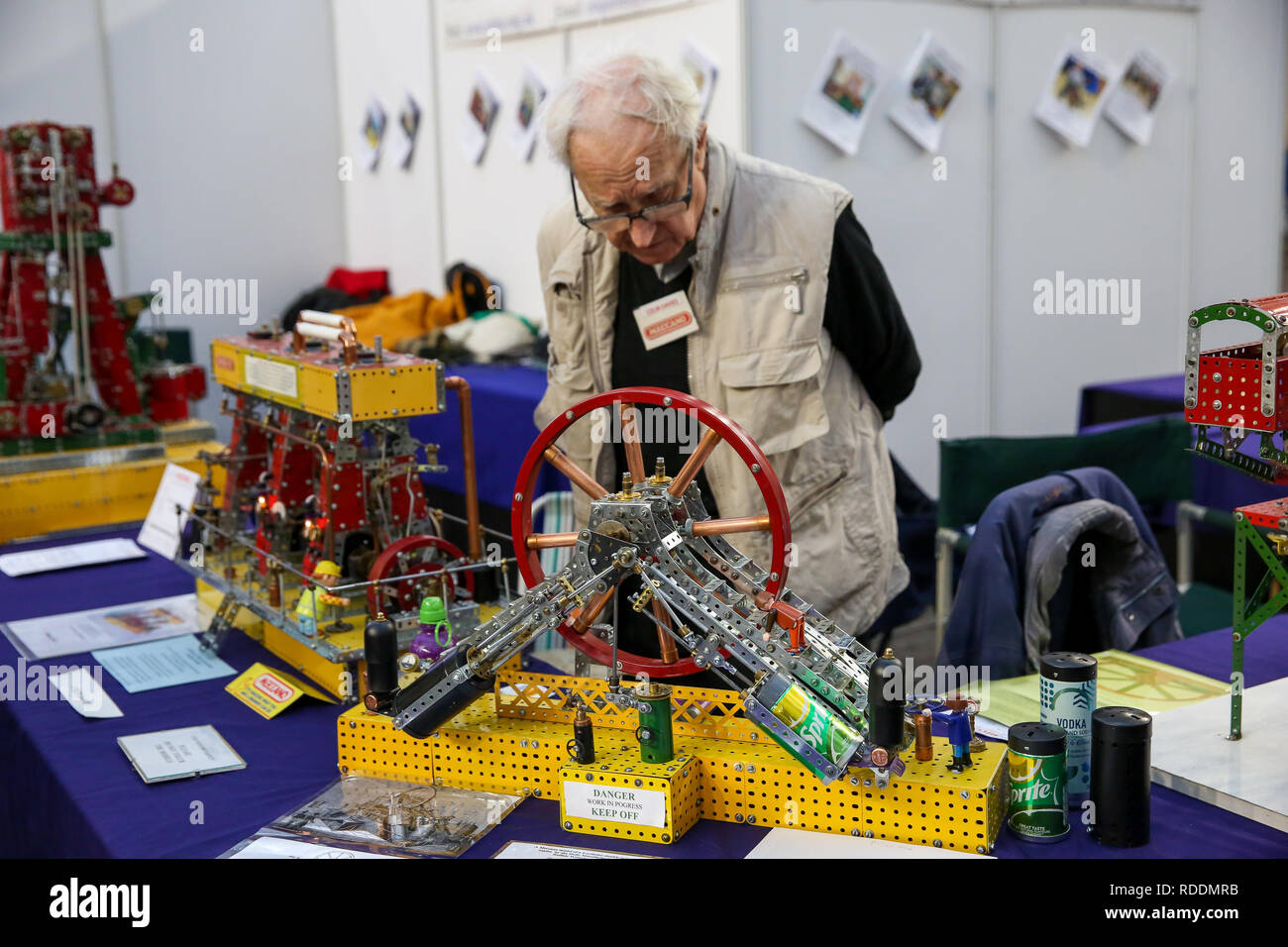 London, UK. 18th Jan, 2019. A man is seen viewing a Meccano set at the annual London Model Engineering Exhibition at Alexandra Palace, north London. Over 50 clubs and societies are exhibiting full spectrum of modeling from traditional model engineering, steam locomotives and traction engines through to the more modern gadgets including trucks, boats, aeroplanes and helicoptersÃŠwith nearly 2,000 models constructed by their members. Credit: Dinendra Haria/SOPA Images/ZUMA Wire/Alamy Live News Stock Photo