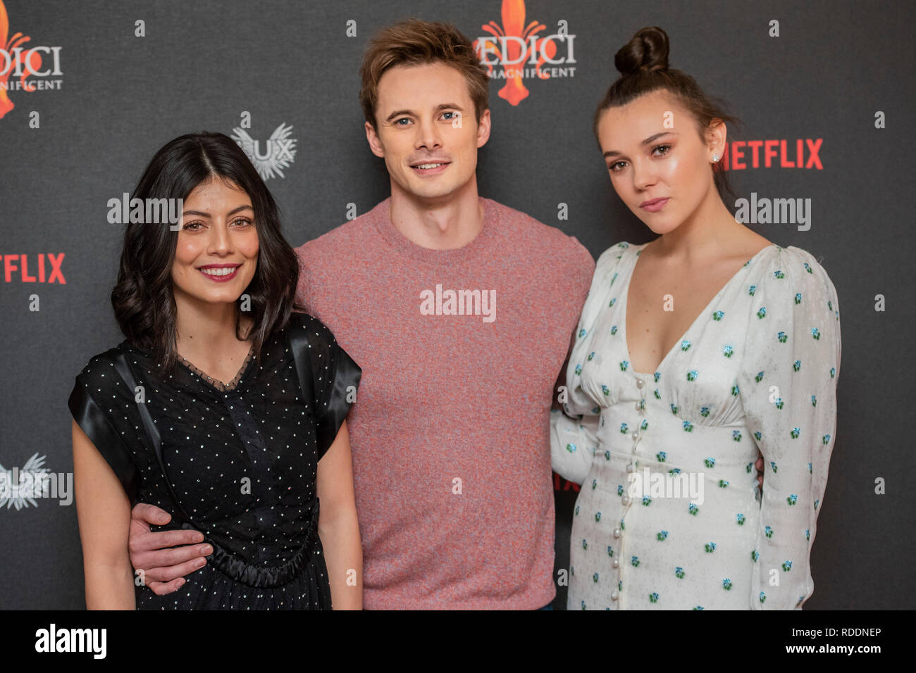 Soho, London, UK. 18th Jan 2019. Alessandra Mastronardi, Bradley James and Synnøve Karlsen - Medici: The Magnificent screening, a new series on Netflix produced by Lux - in the Soho Hotel. Credit: Guy Bell/Alamy Live News Stock Photo