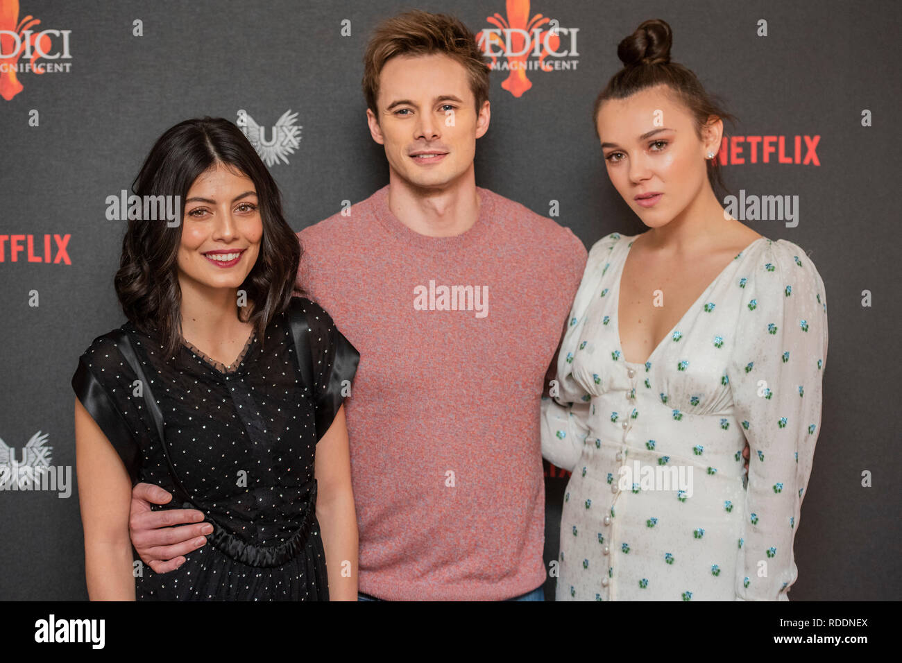Soho, London, UK. 18th Jan 2019. Alessandra Mastronardi, Bradley James and Synnøve Karlsen - Medici: The Magnificent screening, a new series on Netflix produced by Lux - in the Soho Hotel. Credit: Guy Bell/Alamy Live News Stock Photo