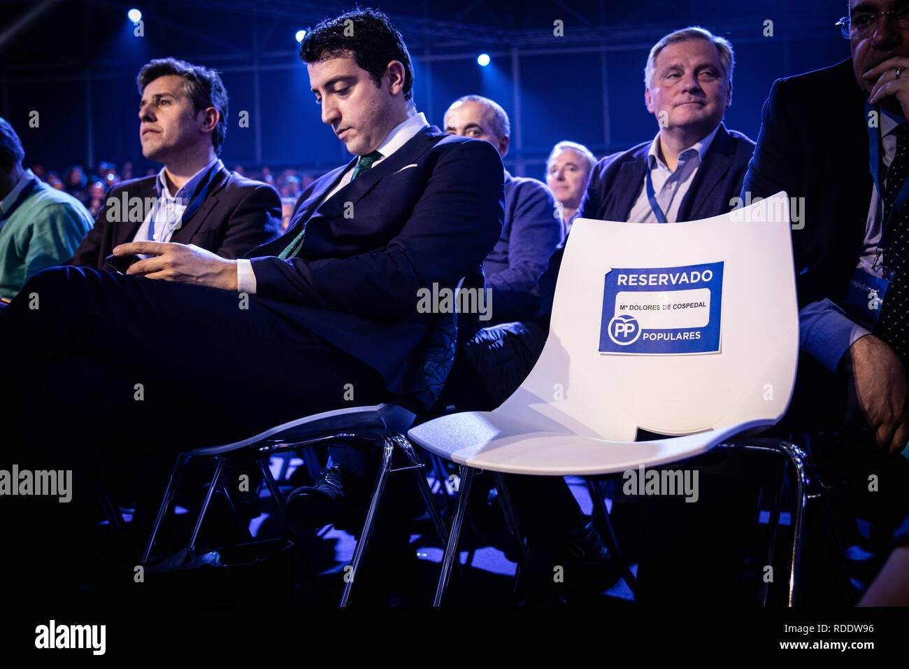 January 18, 2019 - Madrid, Spain - The absence of Maria Dolores Cospedal at the event.. The empty chair of The PP celebrates its national convention to establish the main lines of its electoral program for the three elections scheduled for May 26 and are key to gauge the leadership of the popular president, Pablo Casado. (Credit Image: © Jesus Hellin/ZUMA Wire) Stock Photo