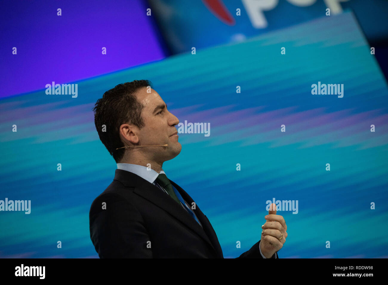 January 18, 2019 - Madrid, Spain - Teodoro GarcÃa Egea, Secretary General of the Popular Party. The PP celebrates its national convention to establish the main lines of its electoral program for the three elections scheduled for May 26 and are key to gauge the leadership of the popular president, Pablo Casado. (Credit Image: © Jesus Hellin/ZUMA Wire) Stock Photo