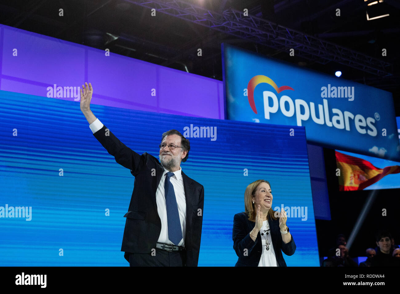 January 18, 2019 - Madrid, Spain - Mariano Rajoy and Ana Pastor greeting.The PP celebrates its national convention to establish the main lines of its electoral program for the three elections scheduled for May 26 and are key to gauge the leadership of the popular president, Pablo Casado. (Credit Image: © Jesus Hellin/ZUMA Wire) Stock Photo