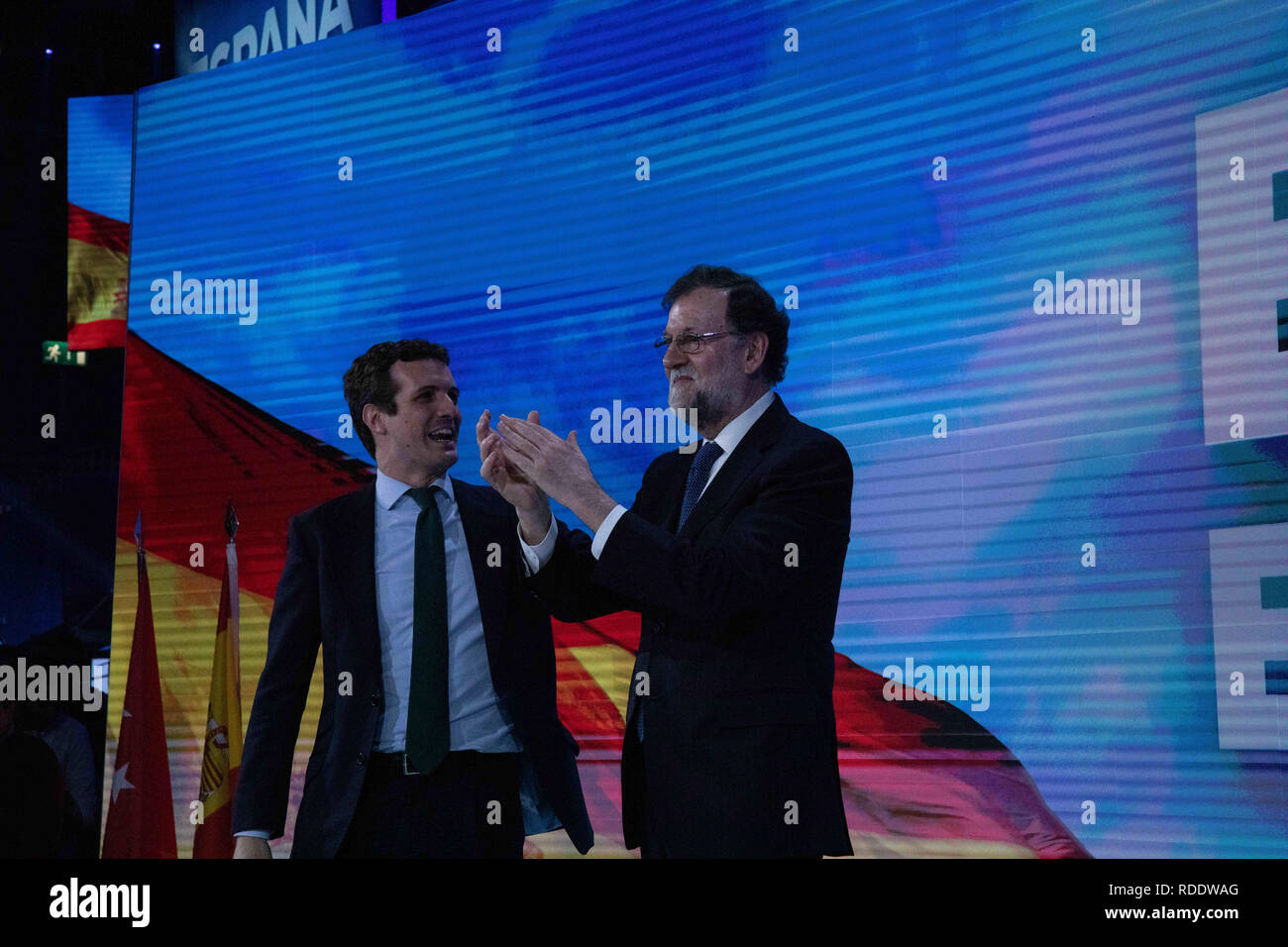 January 18, 2019 - Madrid, Spain - Pablo Casado and Mariano Rajoy attending the act. The PP celebrates its national convention to establish the main lines of its electoral program for the three elections scheduled for May 26 and are key to gauge the leadership of the popular president, Pablo Casado. (Credit Image: © Jesus Hellin/ZUMA Wire) Stock Photo