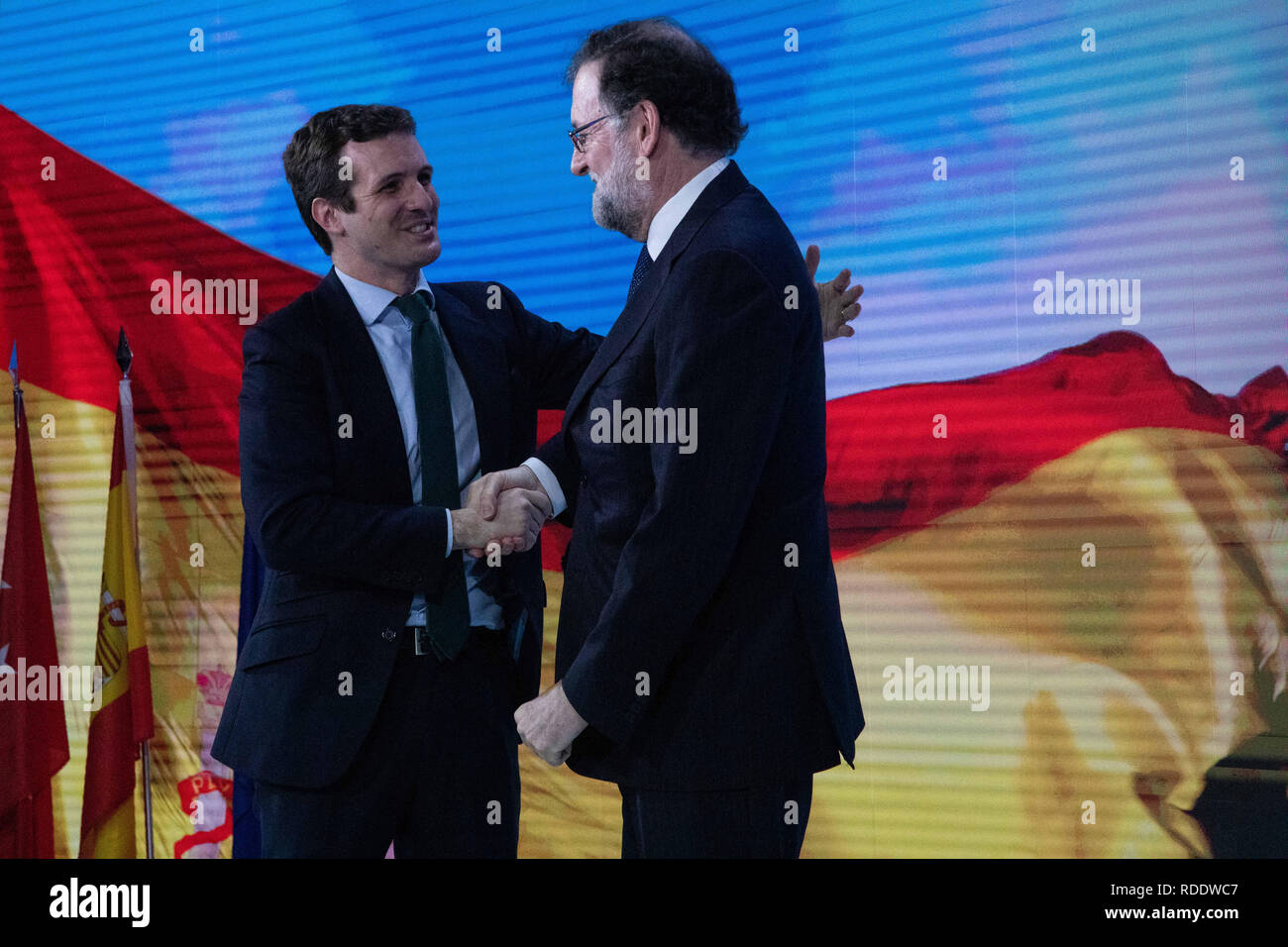 January 18, 2019 - Madrid, Spain - Pablo Casado and Mariano Rajoy at the init of the star. The PP celebrates its national convention to establish the main lines of its electoral program for the three elections scheduled for May 26 and are key to gauge the leadership of the popular president, Pablo Casado. (Credit Image: © Jesus Hellin/ZUMA Wire) Stock Photo