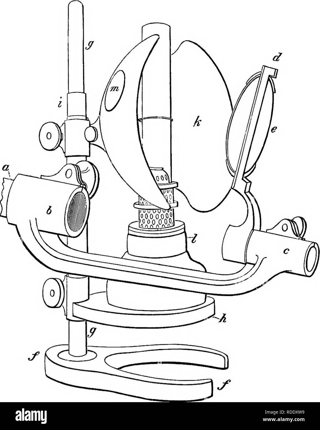 . A practical treatise on the use of the microscope, including the different methods of preparing and examining animal, vegetable, and mineral structures. Microscopes; Microscopy. 496 APPENDIX. of a circle, by turning the milled head, c; thirdly, in the addition of the apparatus for illumination placed beneath. Fig. 269. the stage, all of which is fitted into the bar, b, and may be moved up and down by a rack and pinion, which is obscured by the part in which the dove-tailed slides move; to this bar, b, is fixed the tube, a a, into which the various condensers and illuminators are adapted, and Stock Photo
