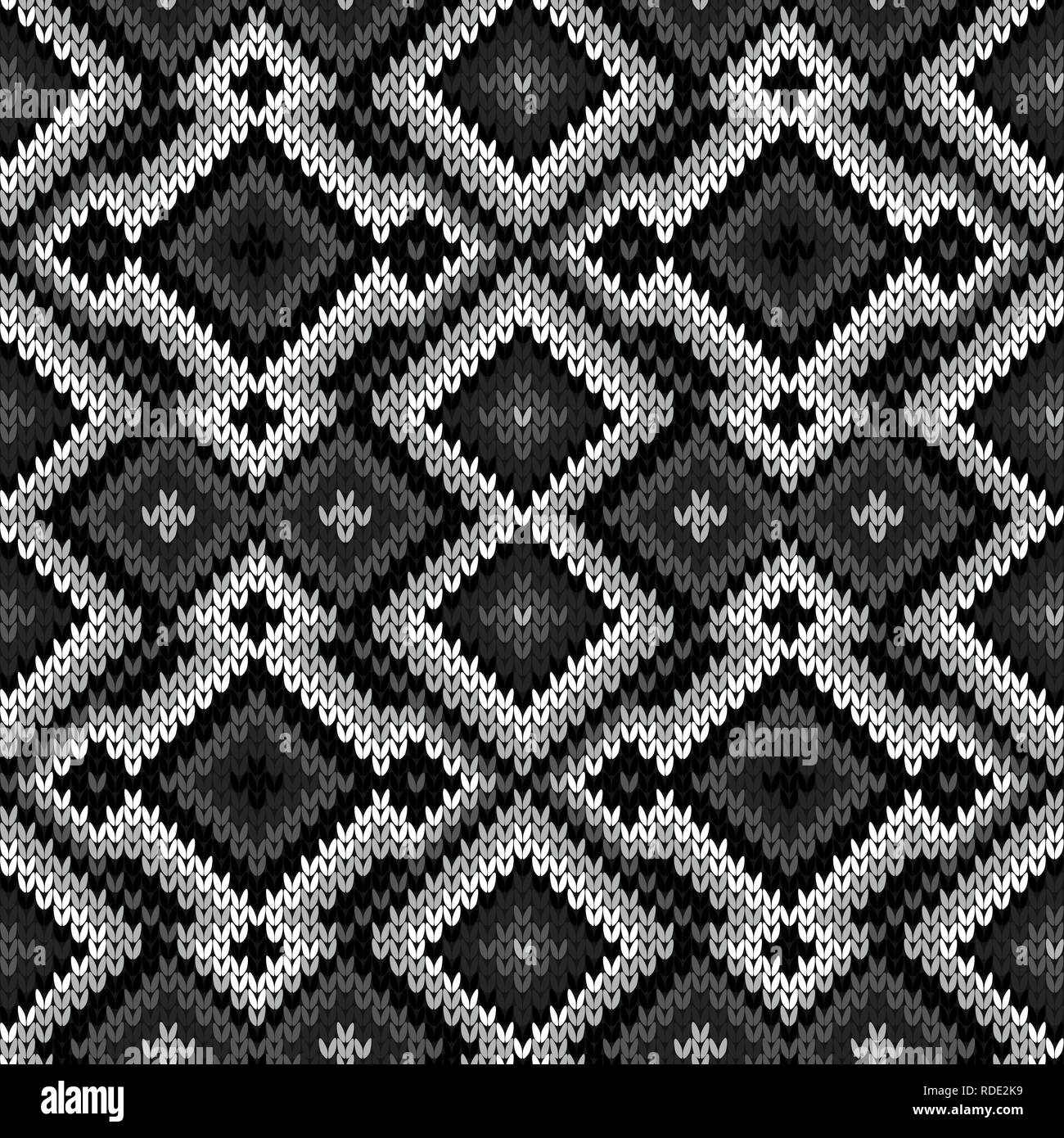Knitted seamless ornate pattern with interlacing lines in monochrome hues vector as a fabric texture Stock Vector