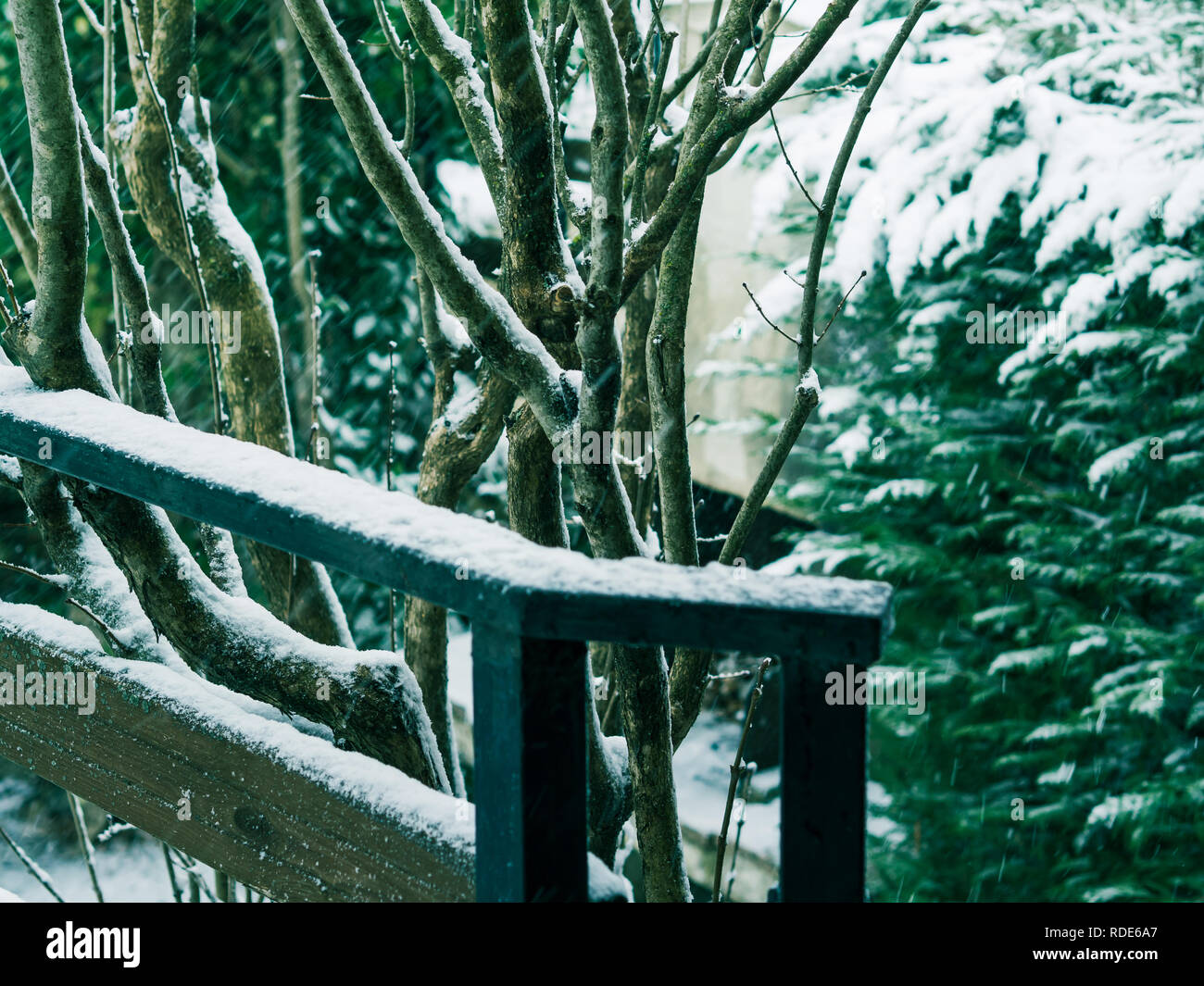 Snow fall outdoors in the countryside. House railing Stock Photo - Alamy