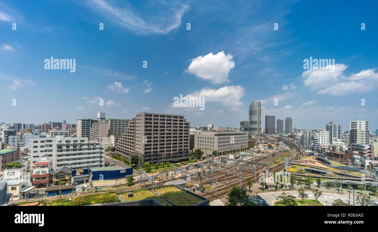 Panoramic view of Oshiage district and train station from Tokyo Skytree ...