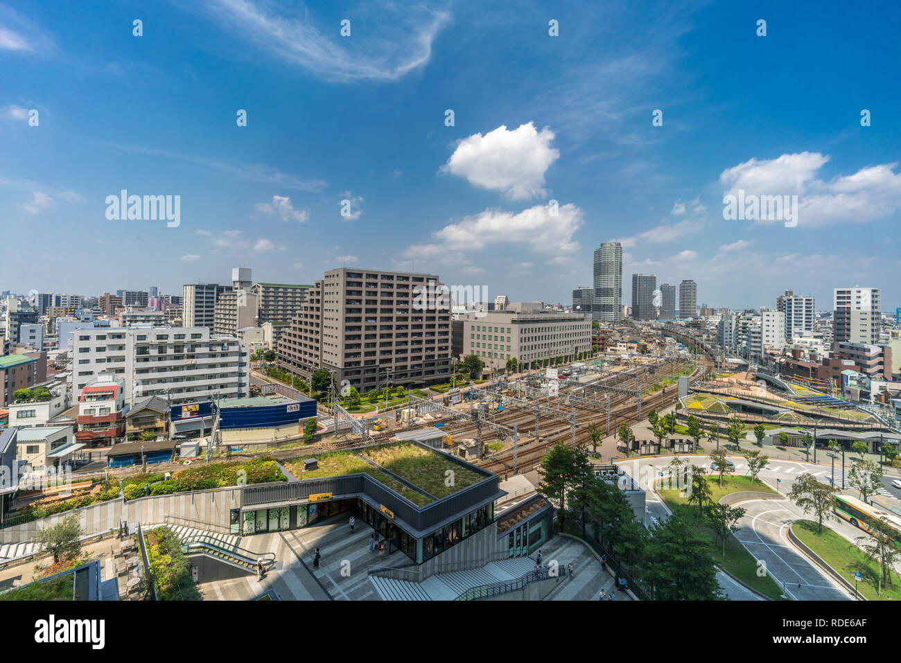 Exterior view of Oshiage district and train station from Tokyo Skytree ...