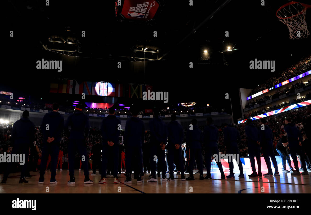 New York Knicks players stand for the Great Britain national anthem during the NBA London Game 2019 at the O2 Arena, London. Stock Photo