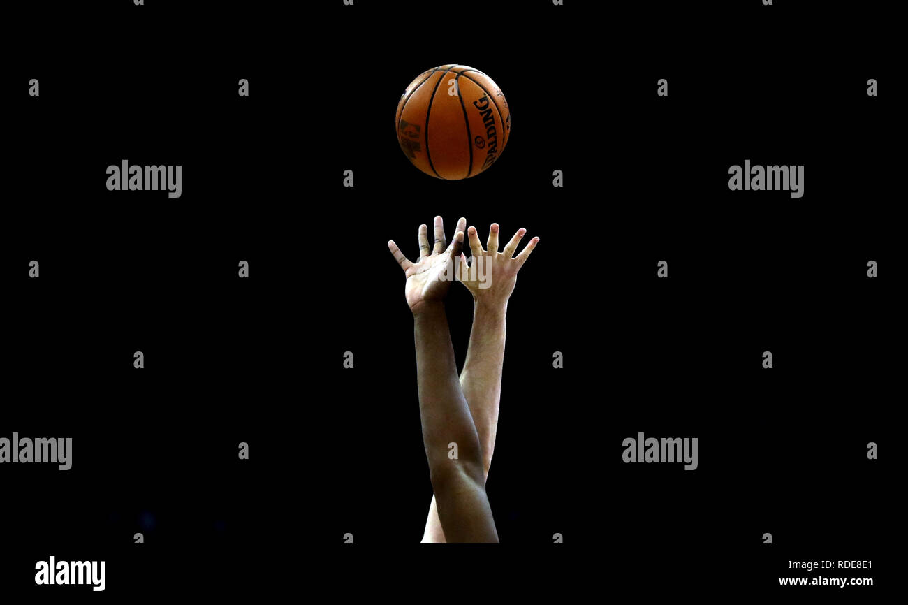 Players compete for the ball during the NBA London Game 2019 at the O2 Arena, London. Stock Photo